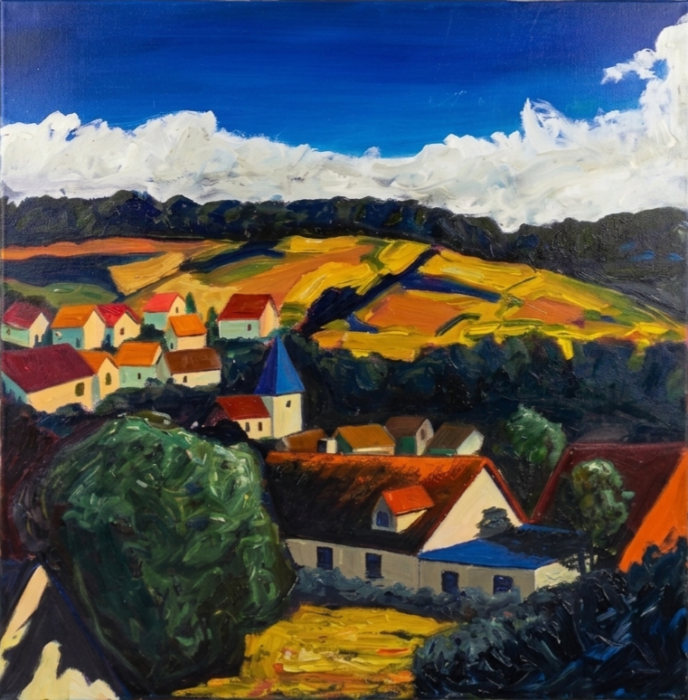 Dorf unter blauem Himmel